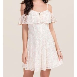 Pink/Cream Lace Off The Shoulder Mini Dress